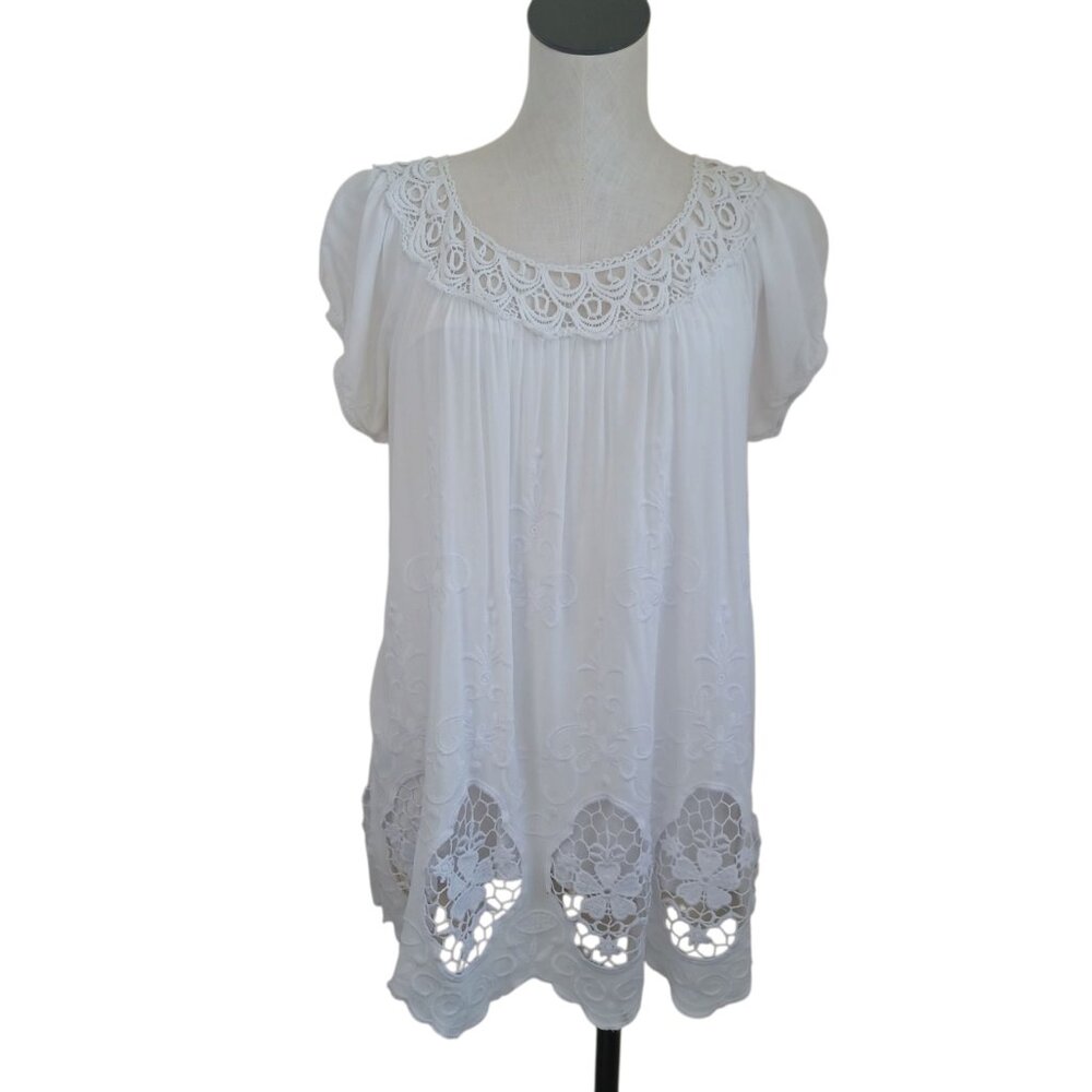 Tempo Paris‎ Tunic White Crochet Lace Short Sleeve Womens Medium